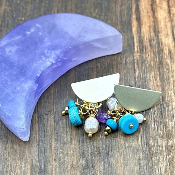 Turquoise dangle chandelier confetti gold earrings multi gemstone - Picture 1 of 5